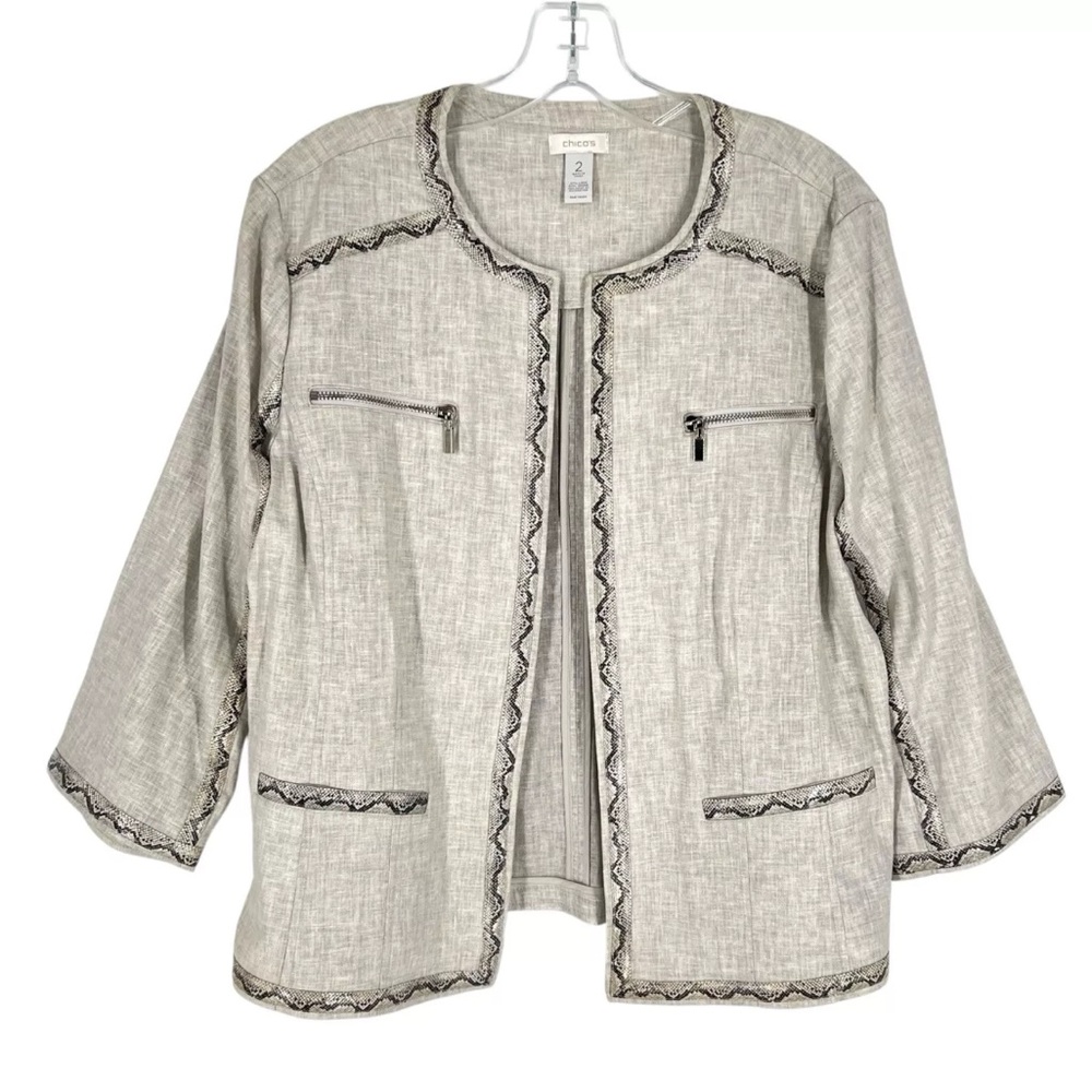 Chicos Linen Blend Blazer Size 2 Beige Open Front Snakeskin Print Trim Large